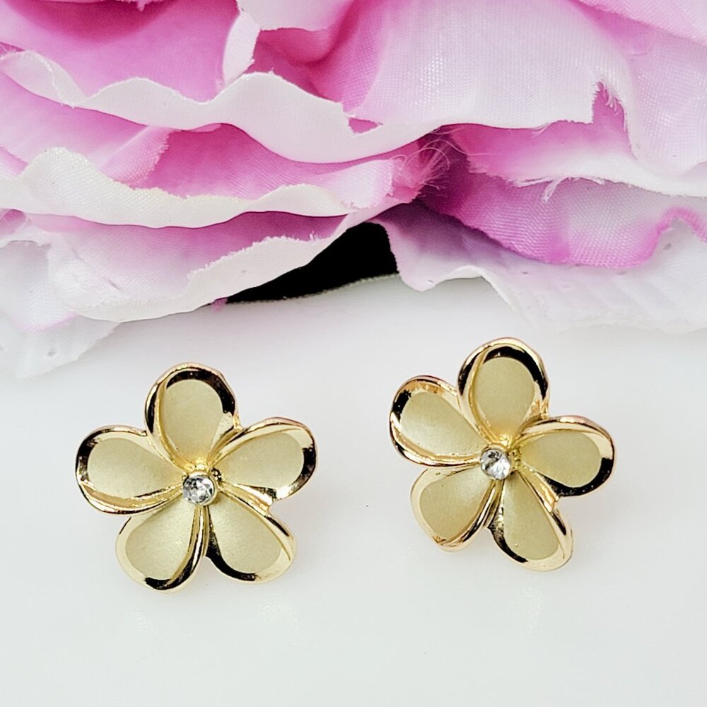 Gold Plumeria CZ stud earrings